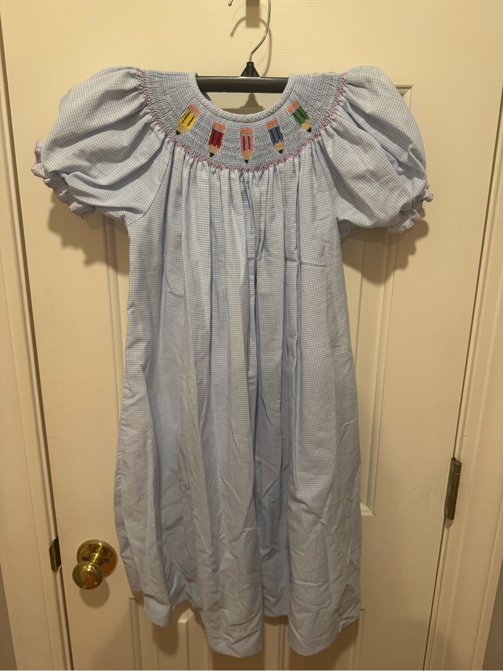 Girls Light Blue Smocked Dress with Pencil Embroidery